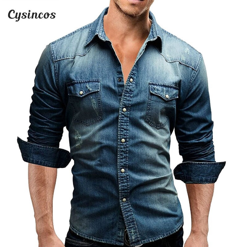 CYSINCOS Denim Shirt Men Cotton Jeans Shirt Fashion Autumn Slim Long Sleeve Cowboy Shirt Stylish Wash Slim Tops Asian Size 3XL