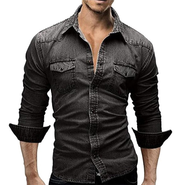 CYSINCOS Denim Shirt Men Cotton Jeans Shirt Fashion Autumn Slim Long Sleeve Cowboy Shirt Stylish Wash Slim Tops Asian Size 3XL