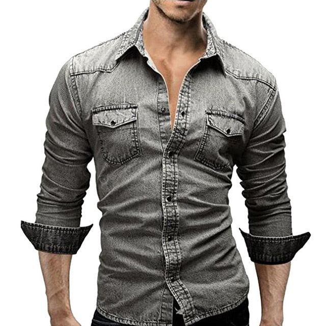 CYSINCOS Denim Shirt Men Cotton Jeans Shirt Fashion Autumn Slim Long Sleeve Cowboy Shirt Stylish Wash Slim Tops Asian Size 3XL