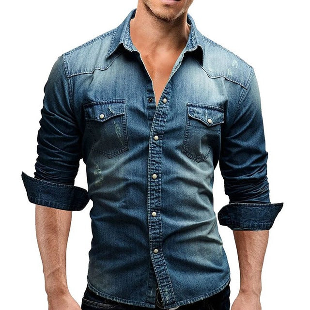 CYSINCOS Denim Shirt Men Cotton Jeans Shirt Fashion Autumn Slim Long Sleeve Cowboy Shirt Stylish Wash Slim Tops Asian Size 3XL