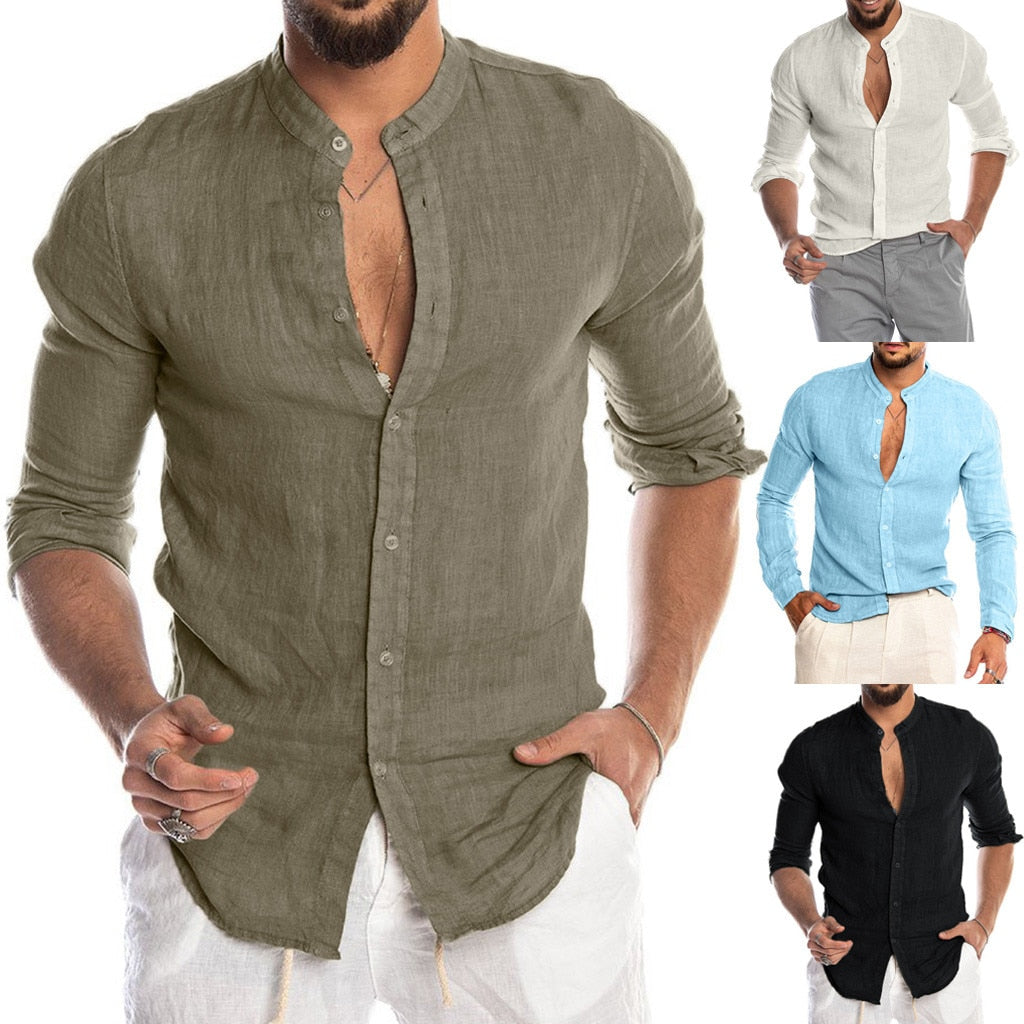 Fashion Men's Casual O-Neck Button Solid Beach Long Sleeve Top Blouse Cotton linen Casual Slim Fit Baggy loose shirts blouse
