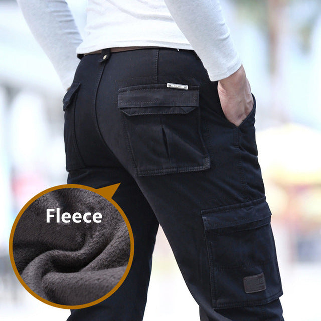 2019 Fleece Warm Winter Cargo Pants Men Casual Loose Multi-pocket Men's Clothes Military Army Green Khaki Pants 237