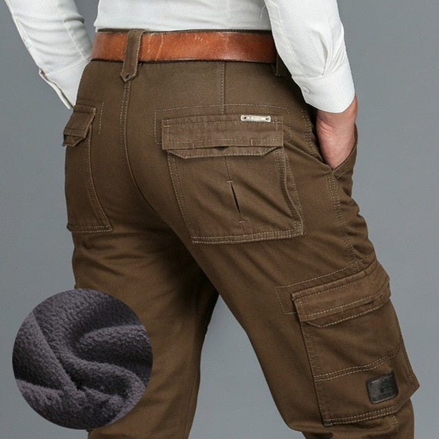 2019 Fleece Warm Winter Cargo Pants Men Casual Loose Multi-pocket Men's Clothes Military Army Green Khaki Pants 237